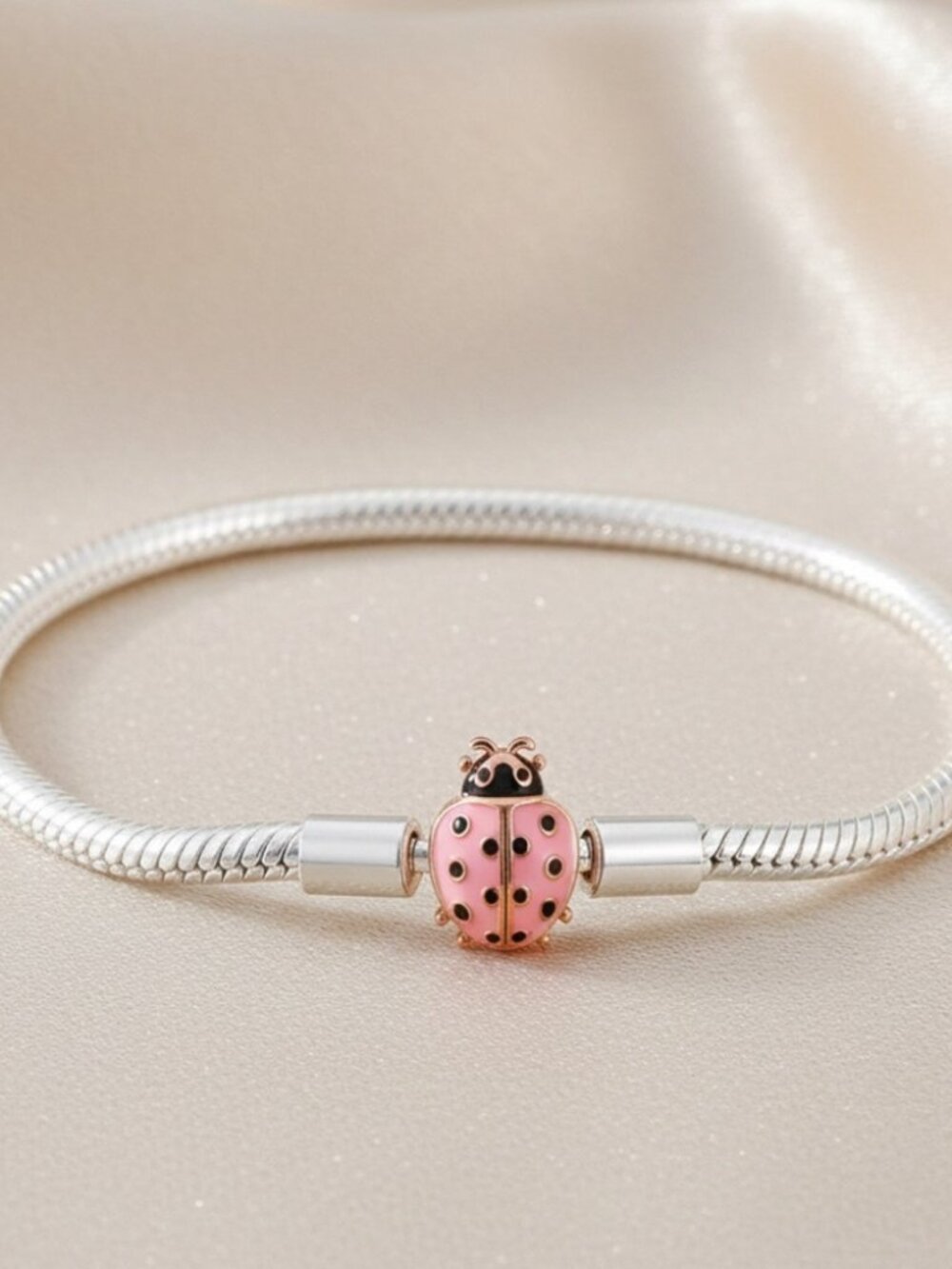 Silver Bracelet with Pink Ladybug Charm